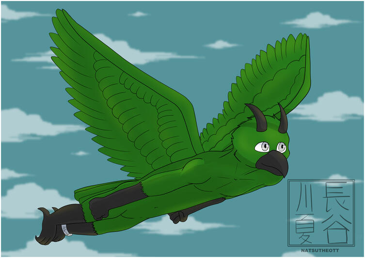 Rawnis Fullbody (Jun 2025) Rawnis, a green crow, mid-flight high in the sky.