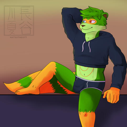 Outfit Meme (Dec 2025) Natsu leaning back with one arm behind his head, in an outfit that trended on social media: a crop top hoodie with matching briefs.