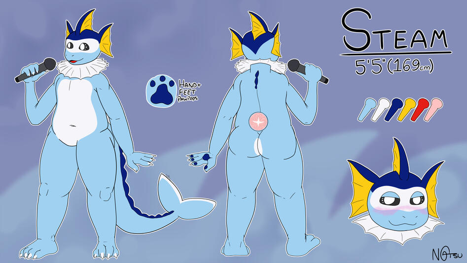 Front and back view of Steam, a Vaporeon singer.
