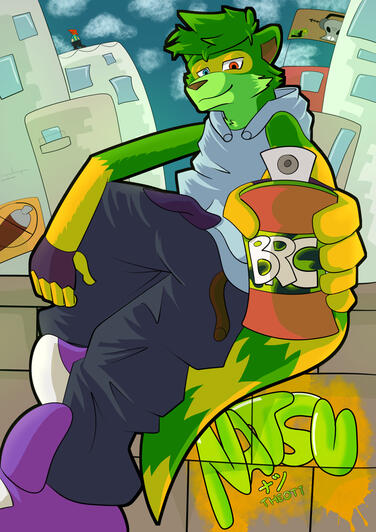 Bomb Rush Cyberfunk (Aug 2023) Natsu wearing a skater outfit and holding a spray can towards the viewer while sitting on a ledge.