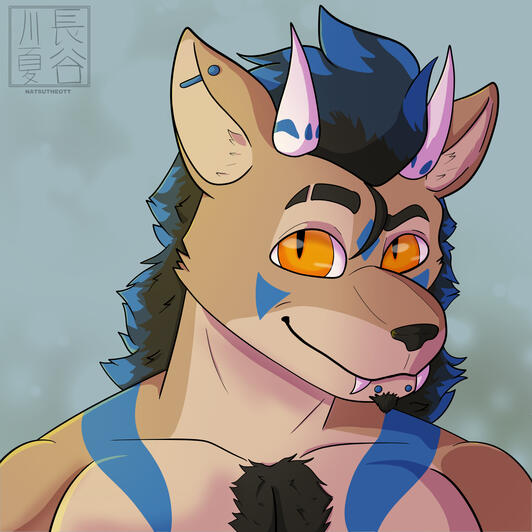 SaberBigCat Headshot (Nov 2025) Headshot of Saber, a sabertooth cat with horns.