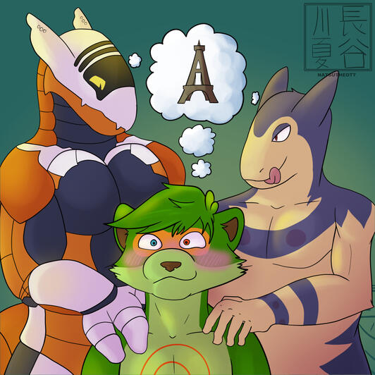 Gay Trio (Jun 2025) Natsu being surrounded by Engel and Samael while they all think of the Eiffel Tower.